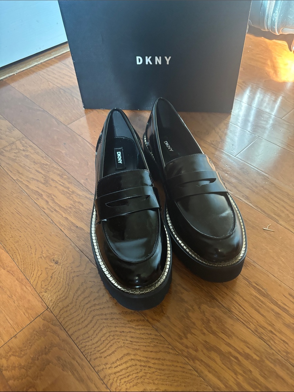 DKNY Black Patent Platform Loafers with Rhinestone Trim - Picture 1 of 4